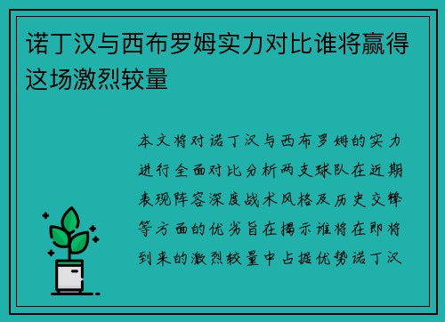 诺丁汉与西布罗姆实力对比谁将赢得这场激烈较量
